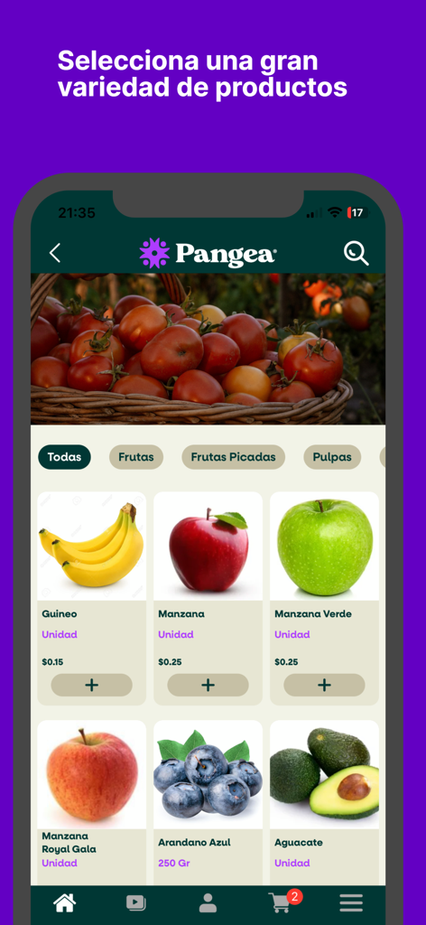 Pangea - Pangea mobile app interface displaying a wide selection of fresh fruits and vegetables for online grocery shopping.