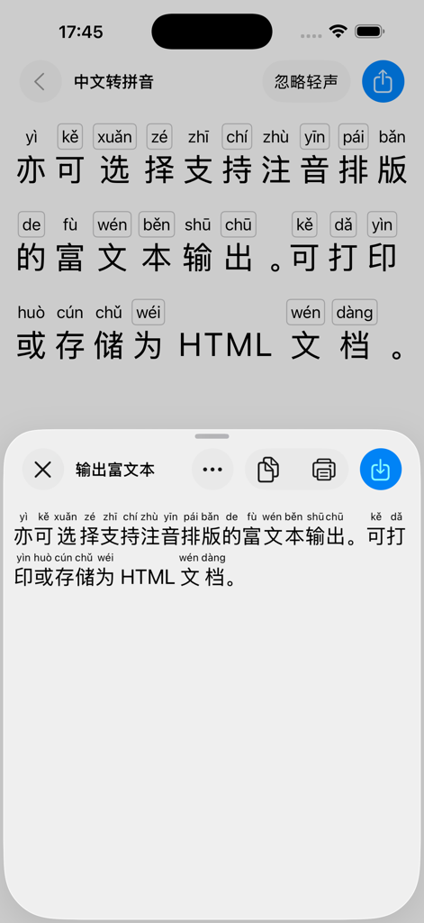 Oberfläche, die chinesische Zeichen mit Pinyin-Annotationen und Rich-Text-Exportoptionen anzeigt