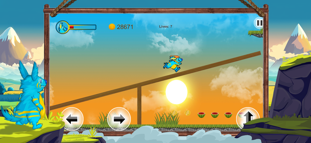 Molly Platformer: Super Runner - Molly the blue rabbit running up a wooden ramp in a sunset level