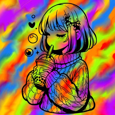 manga girl drinking boba in cozy sweater