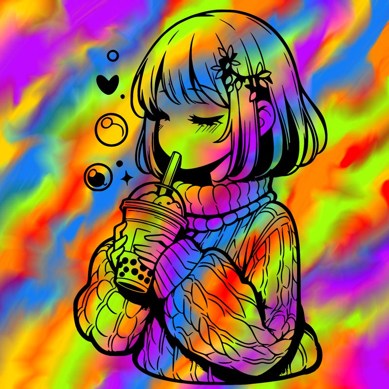 manga girl drinking boba in cozy sweater