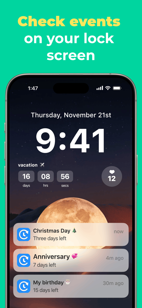 Countdown - Countdown Widget - iPhone lock screen showing countdown widgets and notifications for vacation, Christmas, anniversary, and birthday events.