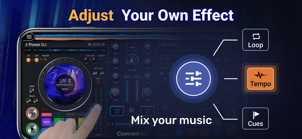 Interfaz de la aplicación DJ Mixer Studio para ajustar efectos de música y mezclar pistas en móvil