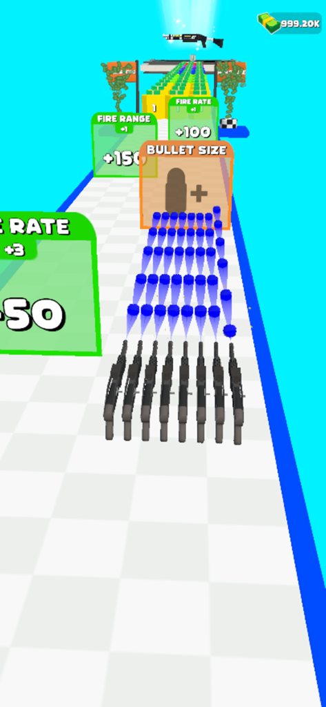 Gun Clone - A row of guns shooting blue bullets through fire rate and bullet size gates
