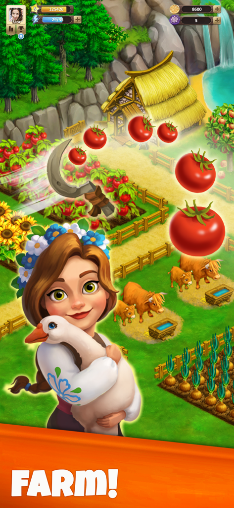 Farland: Adventure Story - Una mujer joven sosteniendo un ganso blanco en una granja vibrante con tomates y vacas