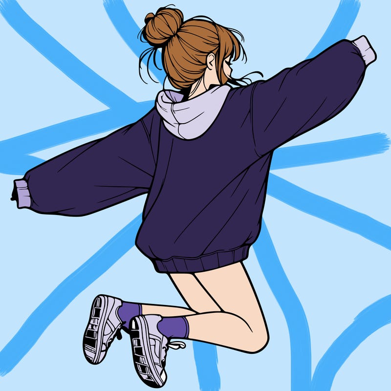 realistic girl jumping with a bun and oversized sweatshirt