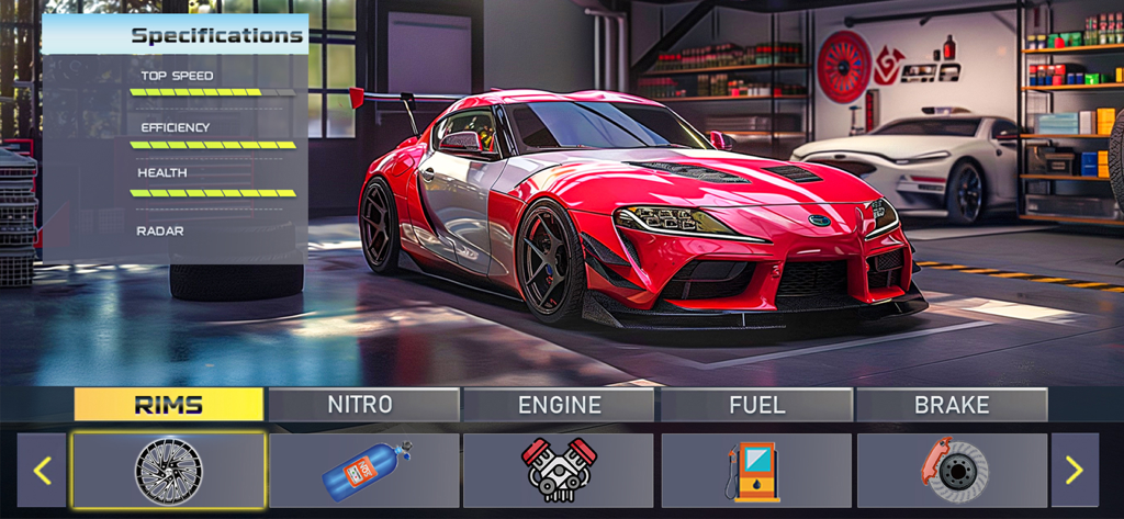 Fast Car Racing Car Games 3d - Coche deportivo rojo en un garaje de personalización con menús para llantas, nitro y especificaciones de rendimiento.