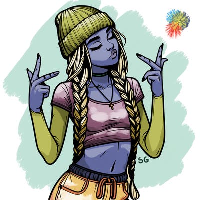 realistic teenage girl with braids and a beanie and crop top doing 🫶🏼