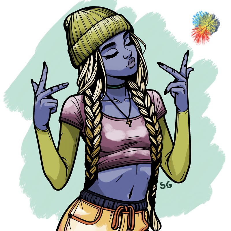 realistic teenage girl with braids and a beanie and crop top doing 🫶🏼