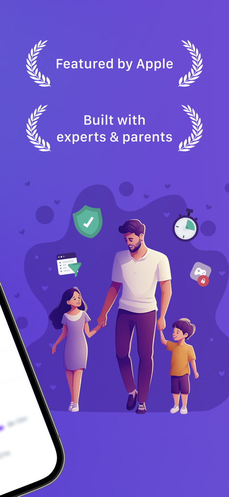 A father walking with his children surrounded by safety and screen time icons for the Ohana parental control app