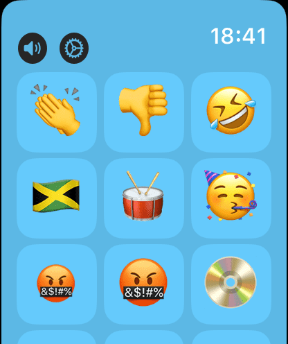 Interfaz de la aplicación Emoji Sound para Apple Watch que muestra una cuadrícula de emojis que activan sonidos como aplausos y caras riendo