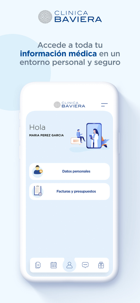 Área paciente Clinica Baviera - Mobile app interface of Clinica Baviera showing the patient portal with access to medical information and billing