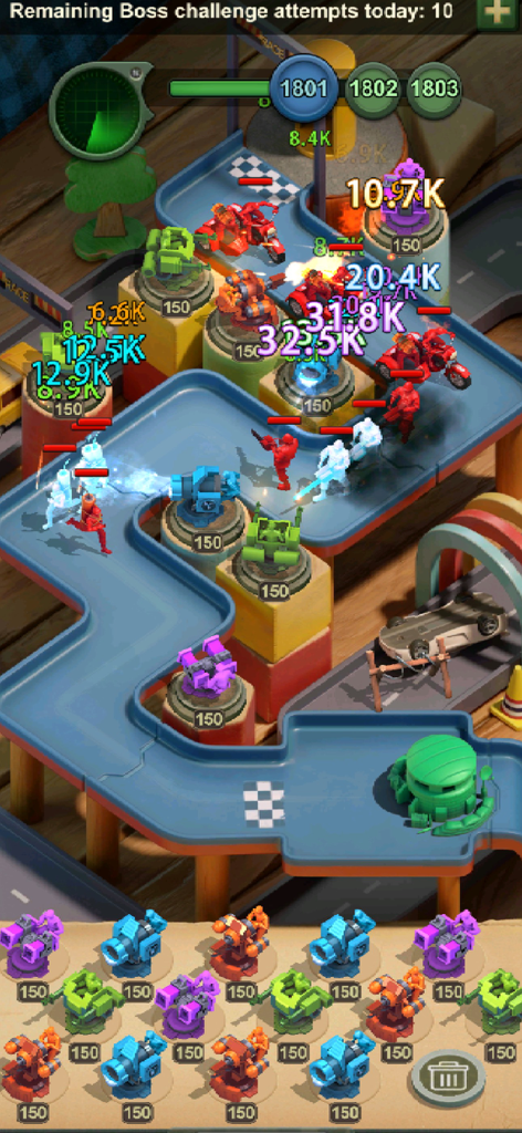 TOY WARS: Green Soldier Strike - Screenshot di gioco di Toy Wars che mostra un gameplay tattico di tower defense con torrette e soldati giocattolo su una pista da corsa giocattolo blu.