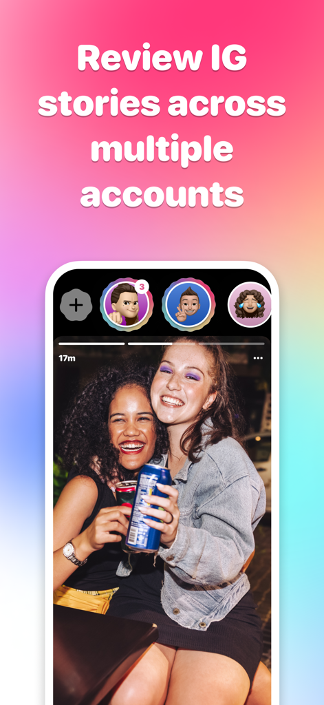 Peep - IG Story Viewer - Screenshot of Peep app interface showing the ability to review Instagram stories across multiple team accounts