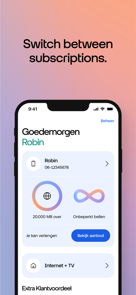 Mobile interface of the Odido app showing data usage and subscription management options