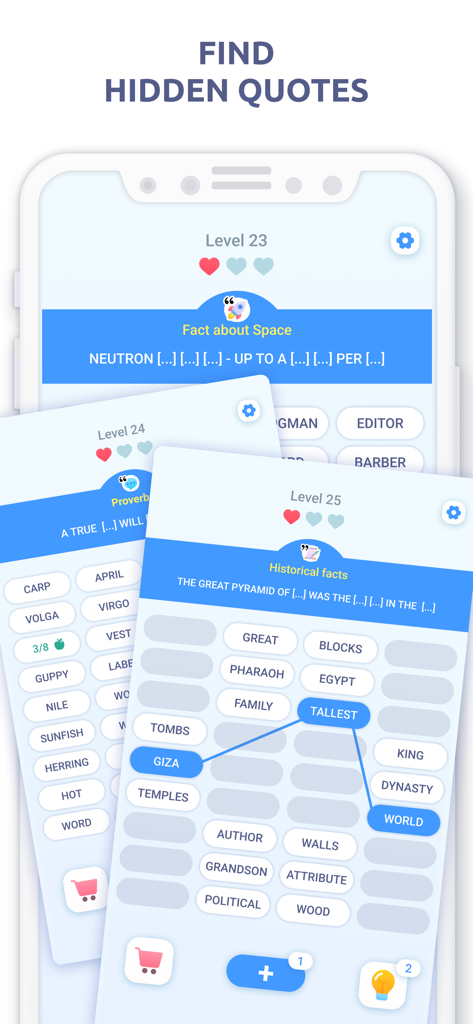 Gameplay screenshot of Associations Word Connections app featuring hidden quotes puzzles