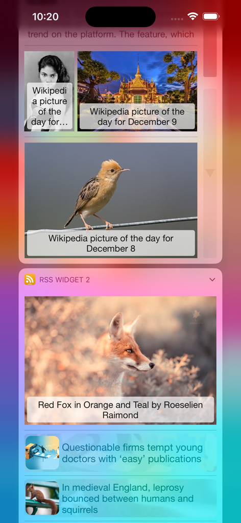 RSS Widget - Pantalla de inicio de iPhone que muestra widgets de noticias e imágenes personalizados de la aplicación RSS Widget