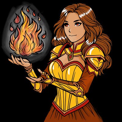 realistic magical woman in fire armor with fire in her hands