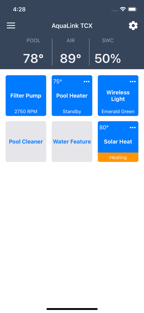iAquaLink app interface displaying AquaLink TCX dashboard with pool temperature, heater status, and equipment controls