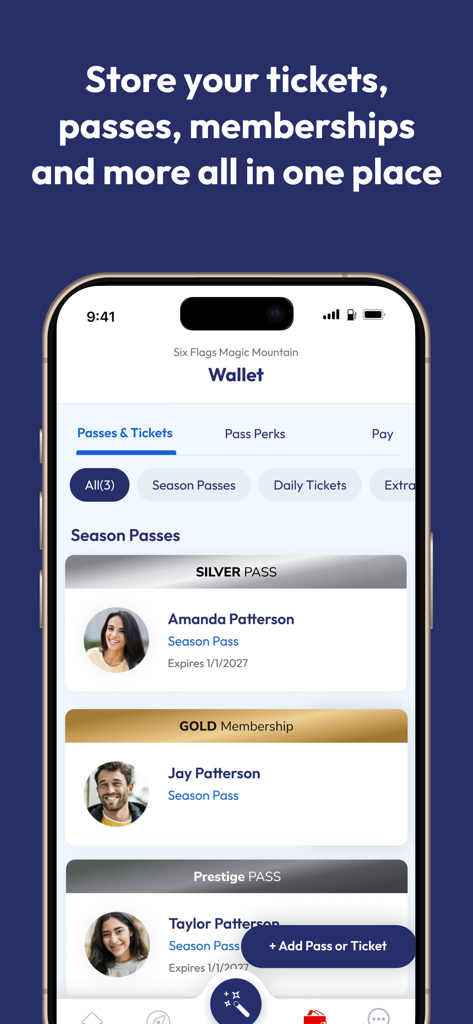 Six Flags app wallet screen displaying silver gold and prestige season passes for a family
