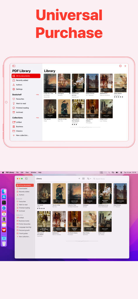 PDF Library eBook Reader interface on iPad and Mac highlighting universal purchase and cross-device syncing