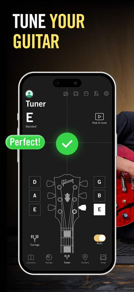 Gibson: Learn to Play Guitar - Gibson guitar app tuner screen showing a green checkmark for a perfectly tuned E string