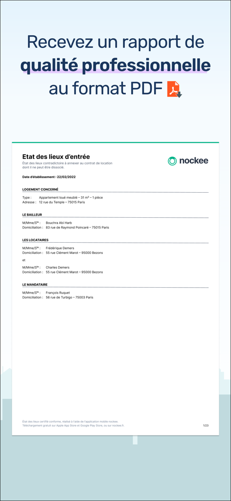 nockee - États des lieux - A professional PDF property inspection report generated by the nockee app showing landlord and tenant details