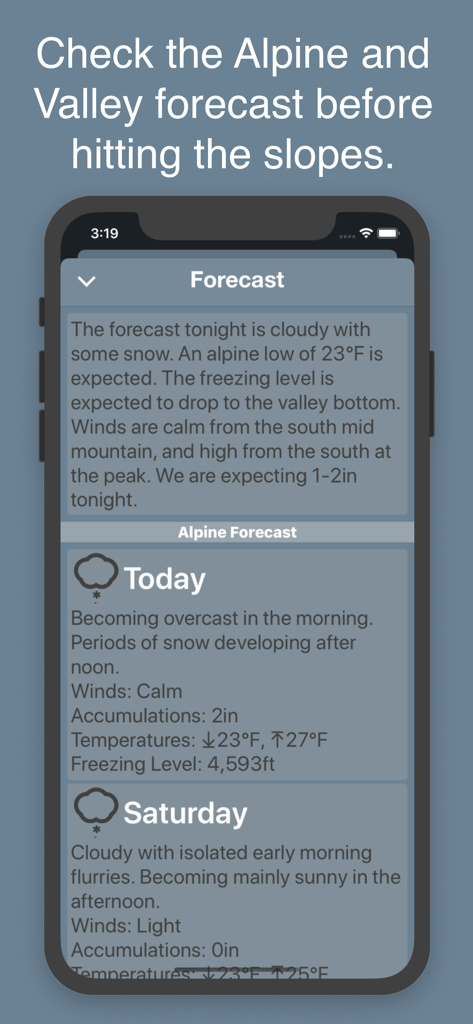 PowDay - Alpine weather forecast screen showing snow and temperature data in the PowDay app
