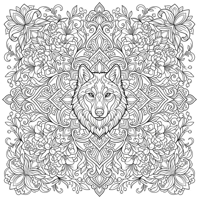 Discover the majestic spirit of the wolf intertwined with the vibrant energy of spring in this exquisite mandala coloring page. Perfect for adults and teens, it offers a deeply meditative art experience blending detailed patterns with natural beauty.