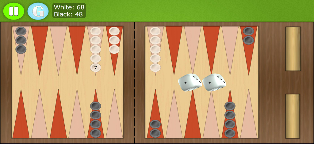 Une vue de dessus d'un plateau de jeu Backgammon Ultimate avec des jetons et des dés.
