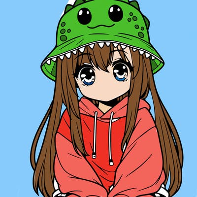 girl with anime shaped eyes with a dinosaur bucket hat oversized sweatshirt long straight hair