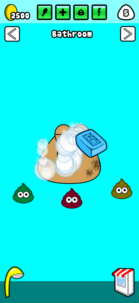 Nettoyer l'animal virtuel Pou avec du savon dans la salle de bain