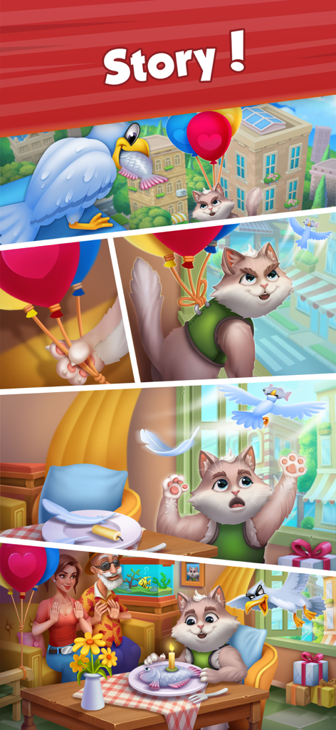 City Kitty Match - Comic strip showing Winston the cat chasing Shadow the seagull with balloons after his fish was stolen