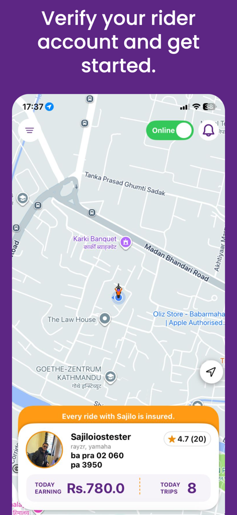 Sajilo Rider - Sajilo Rider app interface showing a map of Kathmandu with driver earnings and trip statistics