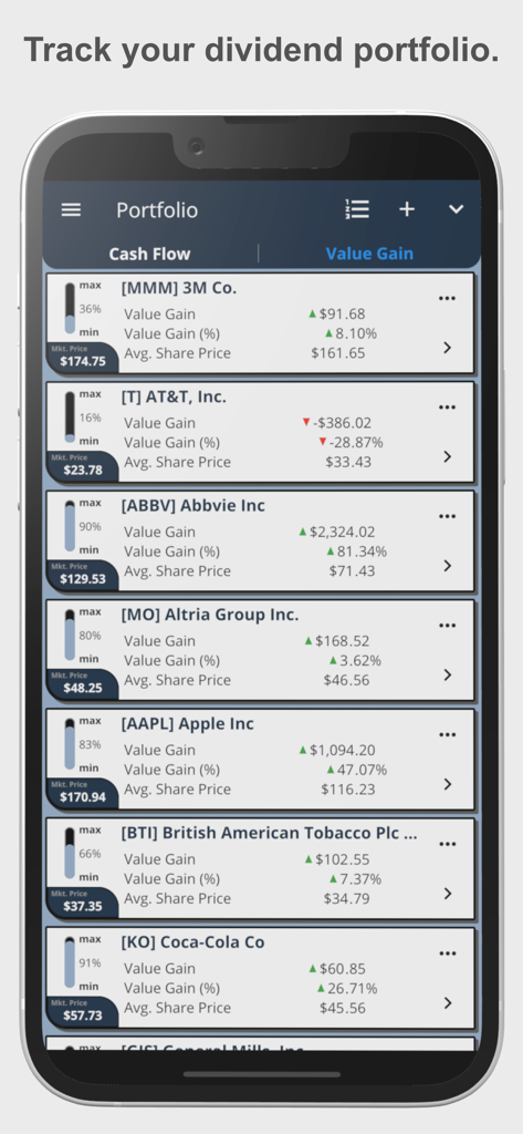22 Dividends - A screenshot of the 22 Dividends app portfolio page displaying value gains and average share prices for various dividend stocks like Apple and Coca-Cola.
