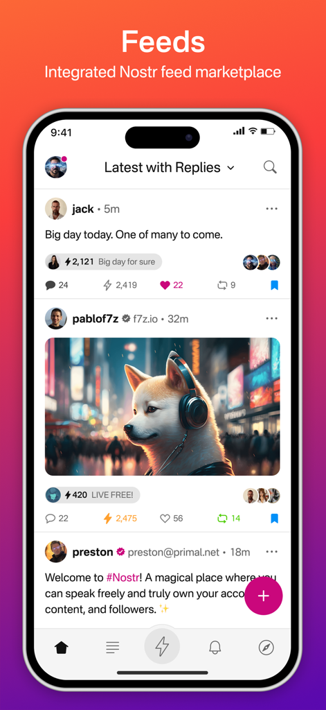 Primal - Primal app interface showing a decentralized social media feed with user posts and integrated Bitcoin zap features.
