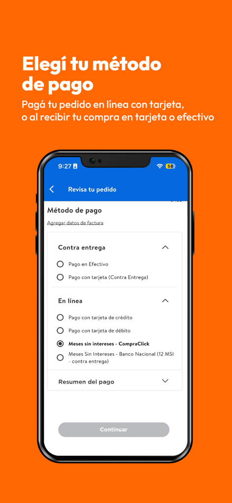 Masxmenos - A mobile screen from the Masxmenos app showing various payment options including cash on delivery and online card payments.