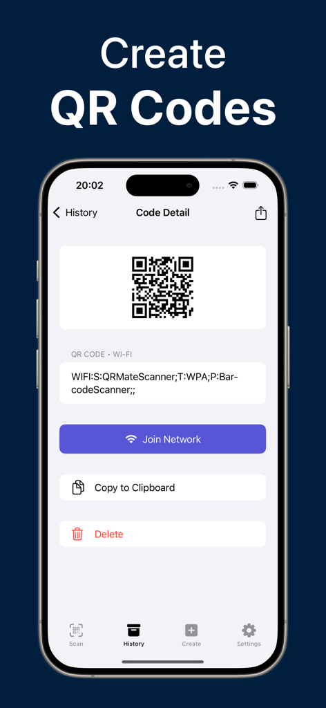 QR Code Reader；Barcode Scanner - Interfaz para crear y compartir códigos QR de Wi-Fi personalizados en la aplicación QR Mate