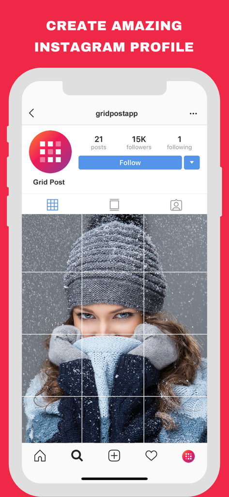 Pantalla de perfil de Instagram que muestra una cuadrícula de fotos de 3x3 de una mujer con ropa de invierno