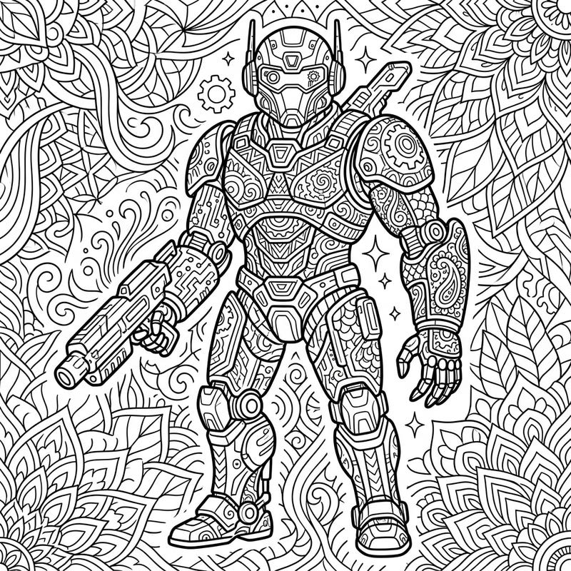 Embark on an epic coloring adventure with this unique Zentangle Military Cyborg design. This intricate page combines sci-fi action with meditative art, offering hours of creative relaxation.