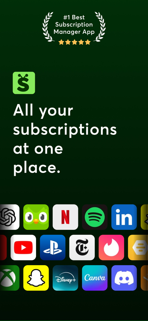 Subee mobile app promo screen showing popular subscription service icons and a five star rating