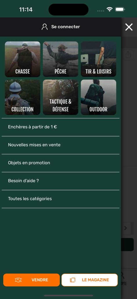 Menu de l'application mobile NaturaBuy montrant les catégories d'achat pour le matériel de chasse, de pêche, de tir et de plein air.