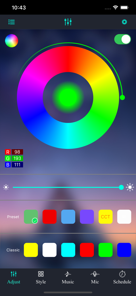 LotusLanternX mobile app screen featuring a large RGB color wheel and brightness slider to control LED lights