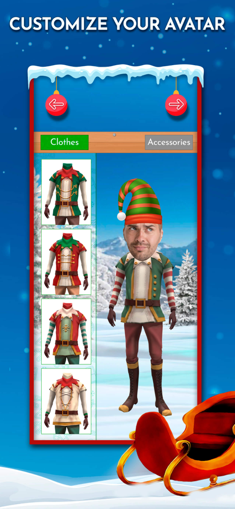 Elf Video Dance Christmas 2025 - Una pantalla que muestra la personalización de un personaje elfo 3D con diferentes atuendos y una cara personalizada en la aplicación navideña