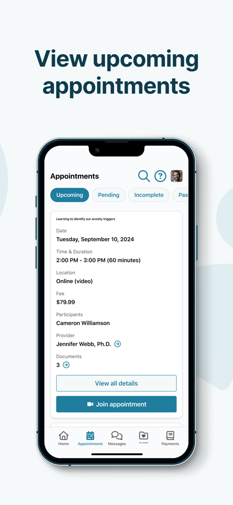 CHR Portal - Screenshot of the CHR Portal app showing upcoming appointment details including date, time, and a button to join the video session.