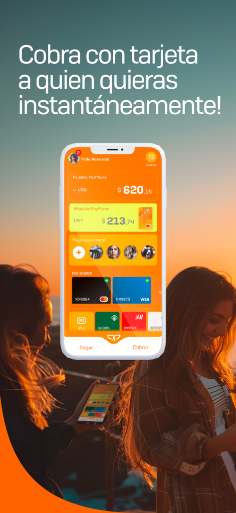 Payphone: App para cobrar - Panel de la aplicación móvil Payphone que muestra el saldo de la billetera y las opciones de pago con tarjeta en la pantalla de un smartphone