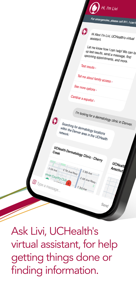 UCHealth app interface showing Livi virtual assistant helping a user find a clinic location through a chat interface