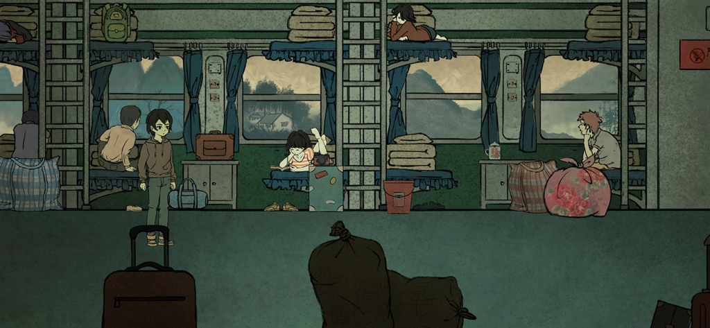 The Bride - Ilustração do interior de um vagão de trem leito do jogo de quebra-cabeça de terror The Bride