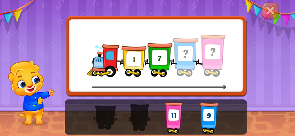 A colorful math game showing a train where kids must drag and drop missing numbers into the empty cars