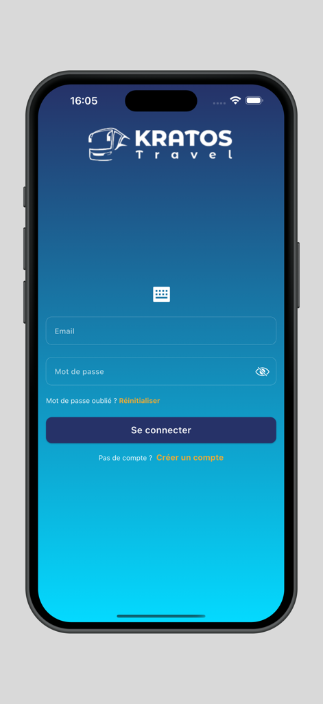 Kratos Travel - Interfaz de inicio de sesión de la aplicación móvil Kratos Travel para reservas de billetes de autobús en Camerún.